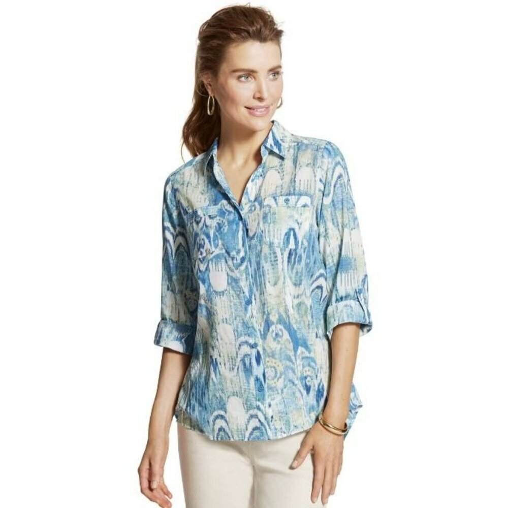 Chico's Blue White Button Down Blouse lightweight Cotton‎ Top Size 0 Small